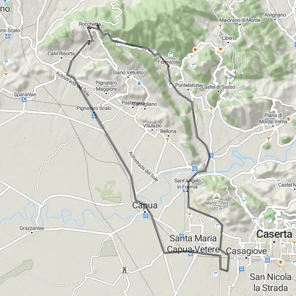 Miniatura della mappa di ispirazione al ciclismo "Avventura in bicicletta attraverso Capua, Calvi Risorta e Monte Croce Santa" nella regione di Campania, Italy. Generata da Tarmacs.app, pianificatore di rotte ciclistiche