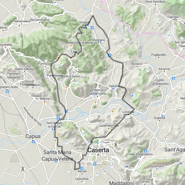 Miniatura della mappa di ispirazione al ciclismo "Sfida in bicicletta tra Casapulla, Pontelatone e Casagiove" nella regione di Campania, Italy. Generata da Tarmacs.app, pianificatore di rotte ciclistiche