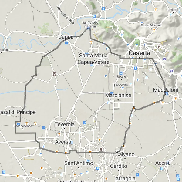 Miniatura della mappa di ispirazione al ciclismo "Giro in bici da Maddaloni a Capua" nella regione di Campania, Italy. Generata da Tarmacs.app, pianificatore di rotte ciclistiche