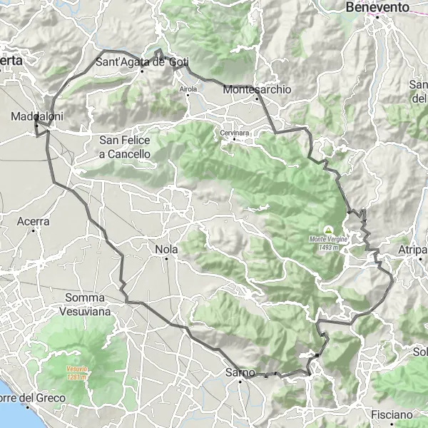 Miniatura della mappa di ispirazione al ciclismo "Esplorazione in bici da Maddaloni a Avellino" nella regione di Campania, Italy. Generata da Tarmacs.app, pianificatore di rotte ciclistiche