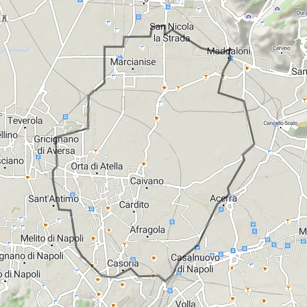 Miniatura della mappa di ispirazione al ciclismo "Giro in bicicletta tra Maddaloni e Acerra" nella regione di Campania, Italy. Generata da Tarmacs.app, pianificatore di rotte ciclistiche