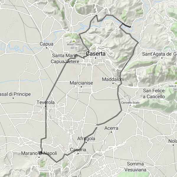 Map miniature of "Sweeping Landscapes Around Giugliano in Campania" cycling inspiration in Campania, Italy. Generated by Tarmacs.app cycling route planner