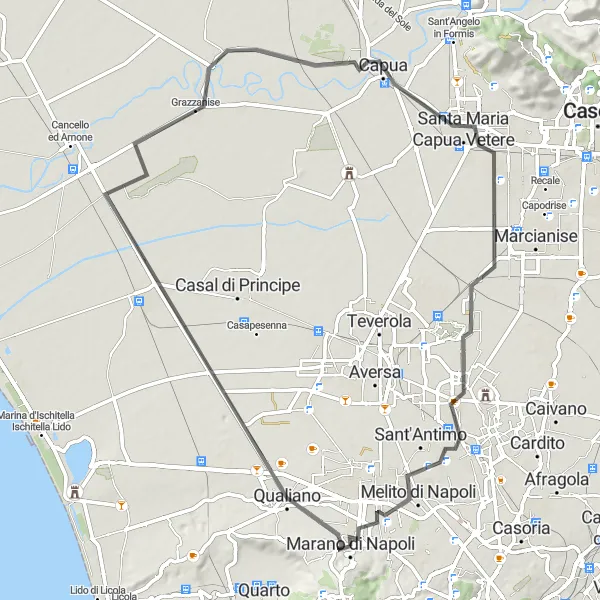 Miniatura della mappa di ispirazione al ciclismo "Percorso Panoramico da Marano di Napoli a Capua" nella regione di Campania, Italy. Generata da Tarmacs.app, pianificatore di rotte ciclistiche
