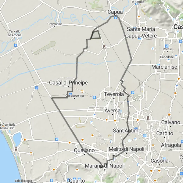 Miniatura della mappa di ispirazione al ciclismo "Percorso ciclistico da Marano di Napoli a Mugnano di Napoli" nella regione di Campania, Italy. Generata da Tarmacs.app, pianificatore di rotte ciclistiche