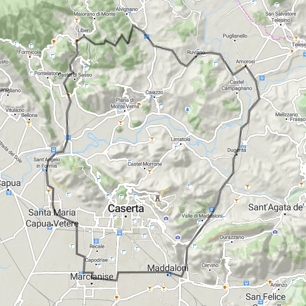 Miniatura della mappa di ispirazione al ciclismo "Alla scoperta di Monte Fallano e Maddaloni" nella regione di Campania, Italy. Generata da Tarmacs.app, pianificatore di rotte ciclistiche