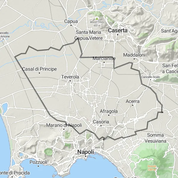 Map miniature of "Marigliano - Qualiano - Villa Literno - San Tammaro - Marcianise - Marigliano" cycling inspiration in Campania, Italy. Generated by Tarmacs.app cycling route planner