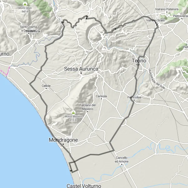 Miniatura della mappa di ispirazione al ciclismo "Avventuroso circuito di Teano" nella regione di Campania, Italy. Generata da Tarmacs.app, pianificatore di rotte ciclistiche