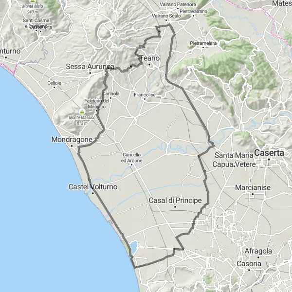Map miniature of "Marzanello - Calvi Risorta Loop" cycling inspiration in Campania, Italy. Generated by Tarmacs.app cycling route planner