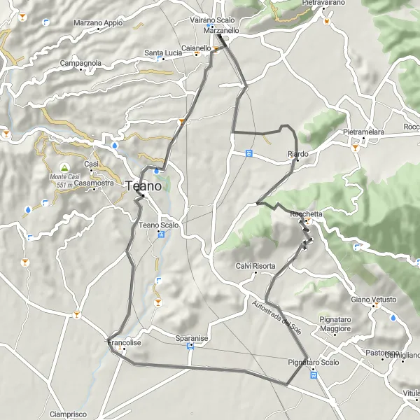 Map miniature of "Marzanello - Monte Vetrine Loop" cycling inspiration in Campania, Italy. Generated by Tarmacs.app cycling route planner
