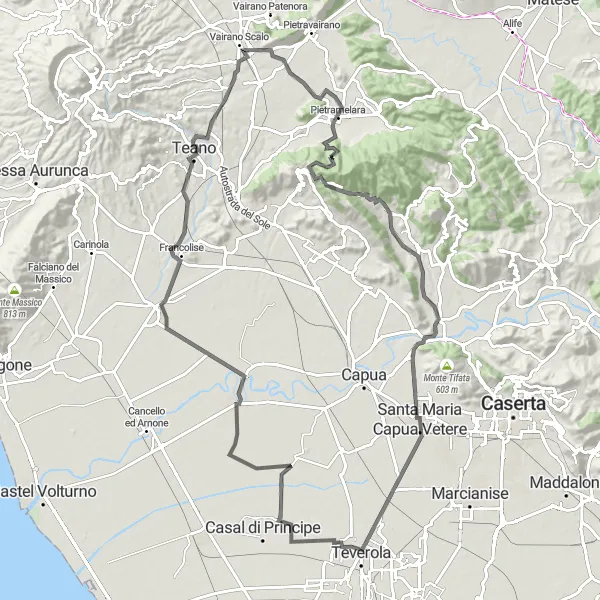 Miniatura della mappa di ispirazione al ciclismo "Cicloturismo tra Pietramelara e Caianello" nella regione di Campania, Italy. Generata da Tarmacs.app, pianificatore di rotte ciclistiche