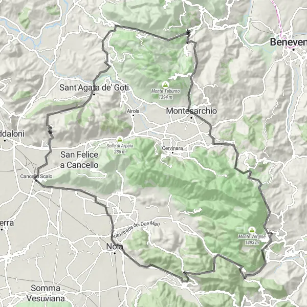 Miniatura della mappa di ispirazione al ciclismo "Percorso epico tra Nola e Lauro" nella regione di Campania, Italy. Generata da Tarmacs.app, pianificatore di rotte ciclistiche