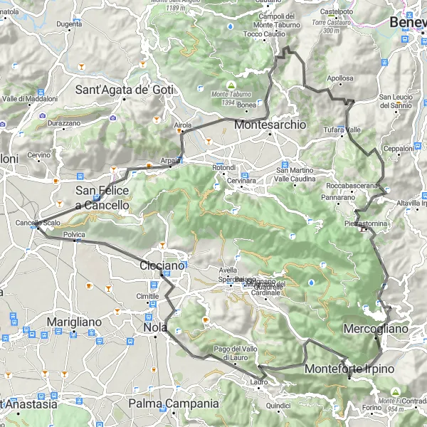 Miniatura della mappa di ispirazione al ciclismo "Esplorazione Stradale tra I Borghi della Campania" nella regione di Campania, Italy. Generata da Tarmacs.app, pianificatore di rotte ciclistiche