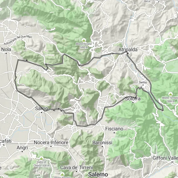 Miniatura della mappa di ispirazione al ciclismo "Rotta panoramica tra Marzano e Palma Campania" nella regione di Campania, Italy. Generata da Tarmacs.app, pianificatore di rotte ciclistiche