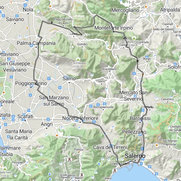 Miniatura della mappa di ispirazione al ciclismo "Tour ciclistico tra Marzano e Salerno" nella regione di Campania, Italy. Generata da Tarmacs.app, pianificatore di rotte ciclistiche