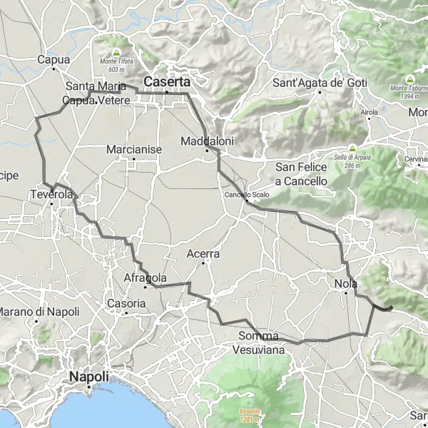 Miniatura della mappa di ispirazione al ciclismo "Passeggiata in Bicicletta tra colline e paesaggi rurali" nella regione di Campania, Italy. Generata da Tarmacs.app, pianificatore di rotte ciclistiche