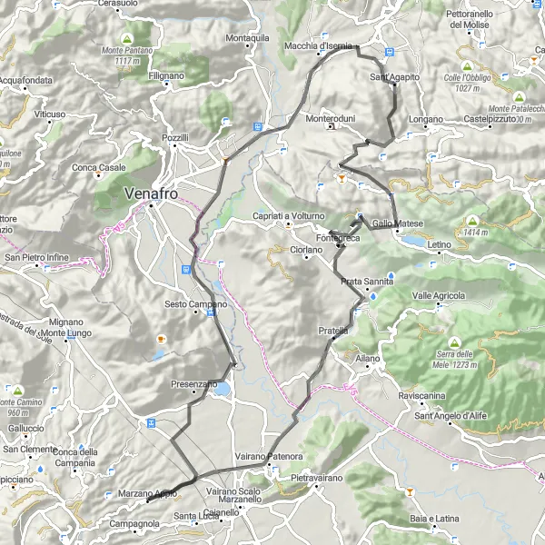 Map miniature of "Marzano Appio to Monte Caruso Loop" cycling inspiration in Campania, Italy. Generated by Tarmacs.app cycling route planner