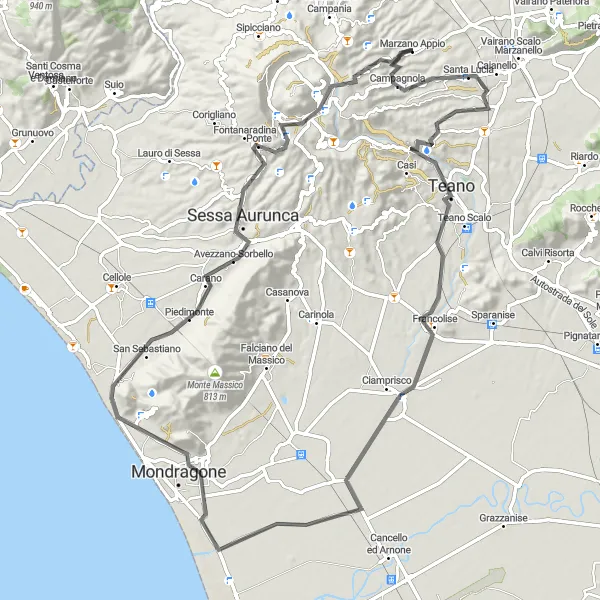 Map miniature of "Teano to Sessa Aurunca Loop" cycling inspiration in Campania, Italy. Generated by Tarmacs.app cycling route planner