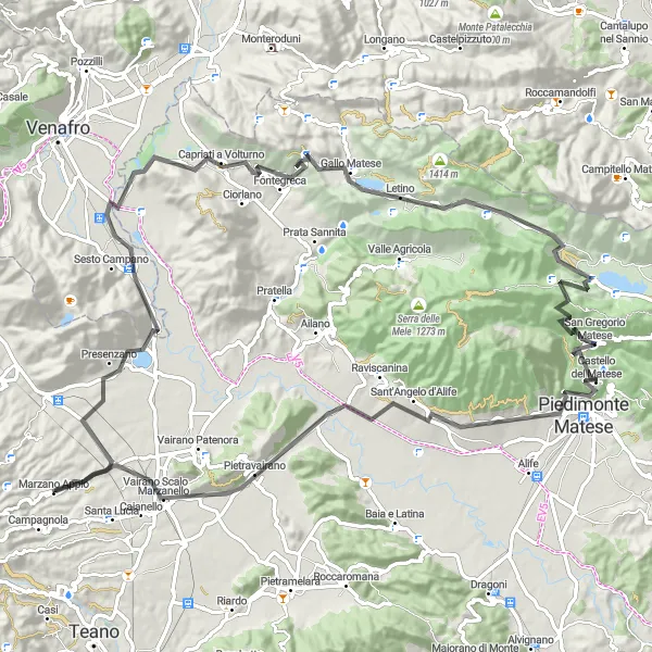 Miniatura della mappa di ispirazione al ciclismo "Avventura in bici da Marzano Appio a Capometa" nella regione di Campania, Italy. Generata da Tarmacs.app, pianificatore di rotte ciclistiche