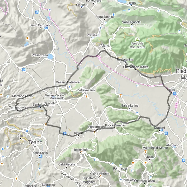 Miniatura della mappa di ispirazione al ciclismo "Giro in bici tra Marzano Appio e Ailano" nella regione di Campania, Italy. Generata da Tarmacs.app, pianificatore di rotte ciclistiche