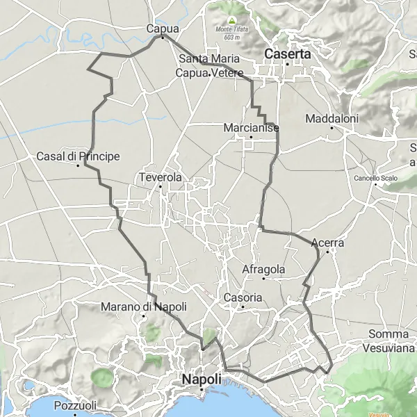 Miniatura della mappa di ispirazione al ciclismo "Tour in bicicletta tra Mercato e Pollena Trocchia" nella regione di Campania, Italy. Generata da Tarmacs.app, pianificatore di rotte ciclistiche