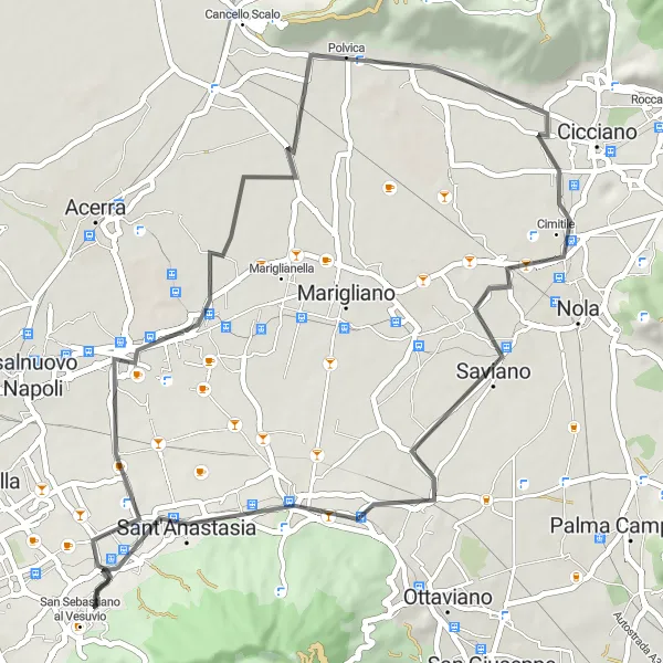Miniatura della mappa di ispirazione al ciclismo "Giro in bicicletta da Massa di Somma a Pomigliano d'Arco e ritorno" nella regione di Campania, Italy. Generata da Tarmacs.app, pianificatore di rotte ciclistiche
