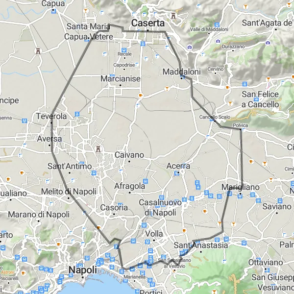 Miniatura della mappa di ispirazione al ciclismo "Tour ciclistico tra Secondigliano e Caserta" nella regione di Campania, Italy. Generata da Tarmacs.app, pianificatore di rotte ciclistiche