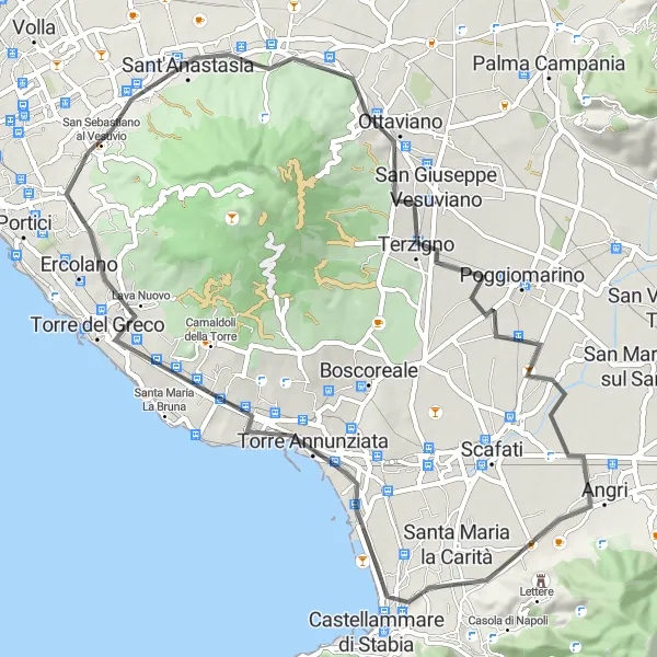 Miniatura della mappa di ispirazione al ciclismo "Giro in bici attraverso Sant'Anastasia e Ercolano" nella regione di Campania, Italy. Generata da Tarmacs.app, pianificatore di rotte ciclistiche