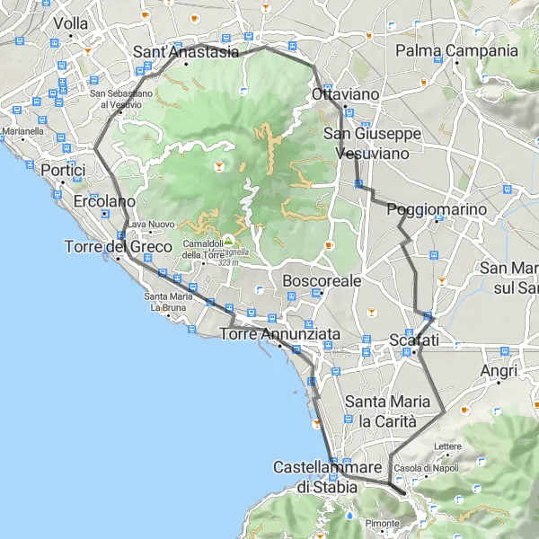 Miniatura della mappa di ispirazione al ciclismo "Avventurati in bicicletta tra Ottaviano e San Sebastiano al Vesuvio" nella regione di Campania, Italy. Generata da Tarmacs.app, pianificatore di rotte ciclistiche