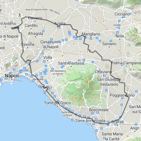 Miniatura della mappa di ispirazione al ciclismo "Esplorazione ciclistica da Acerra a Arzano" nella regione di Campania, Italy. Generata da Tarmacs.app, pianificatore di rotte ciclistiche