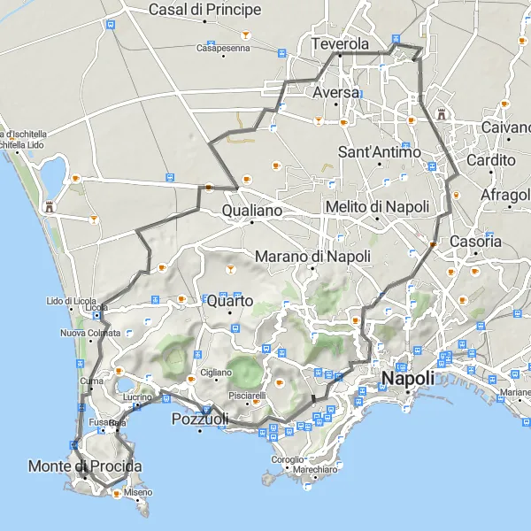 Miniatura della mappa di ispirazione al ciclismo "Da Monte di Procida alla Solfatara e al Tempio di Giove" nella regione di Campania, Italy. Generata da Tarmacs.app, pianificatore di rotte ciclistiche