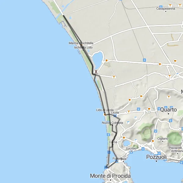 Miniatura della mappa di ispirazione al ciclismo "Giro panoramico tra Cuma e Bacoli" nella regione di Campania, Italy. Generata da Tarmacs.app, pianificatore di rotte ciclistiche