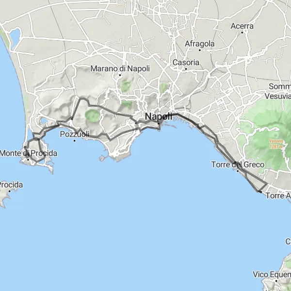 Miniatura della mappa di ispirazione al ciclismo "Tour in bici tra Monte di Procida e le Fumarole di Pozzuoli" nella regione di Campania, Italy. Generata da Tarmacs.app, pianificatore di rotte ciclistiche