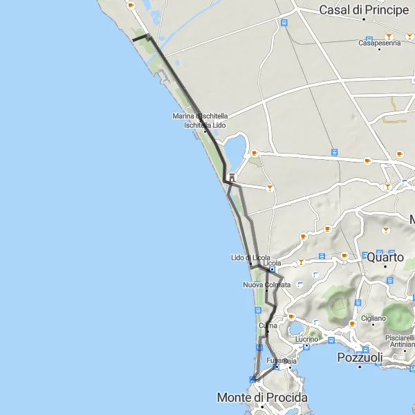 Miniatura della mappa di ispirazione al ciclismo "Giro in Bicicletta con Vista su Cuma" nella regione di Campania, Italy. Generata da Tarmacs.app, pianificatore di rotte ciclistiche