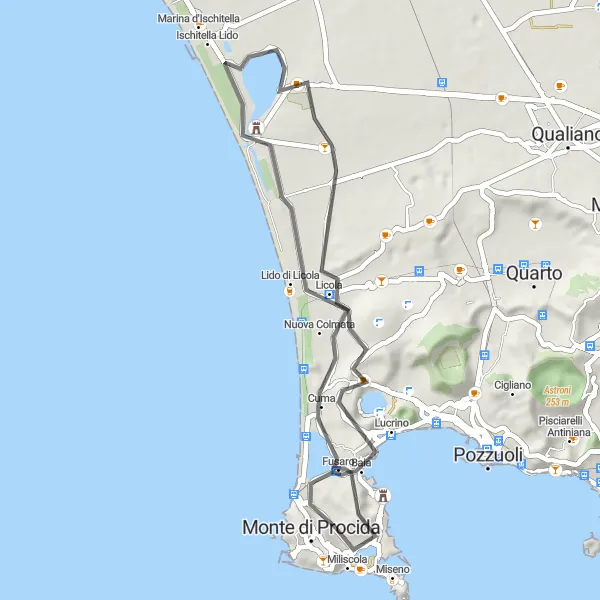 Miniatura della mappa di ispirazione al ciclismo "Costa di Bacoli e Licola" nella regione di Campania, Italy. Generata da Tarmacs.app, pianificatore di rotte ciclistiche