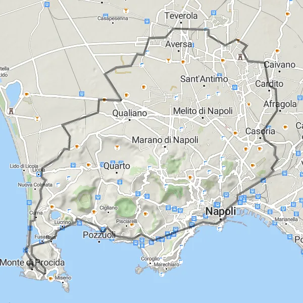 Map miniature of "Giro di Campania" cycling inspiration in Campania, Italy. Generated by Tarmacs.app cycling route planner