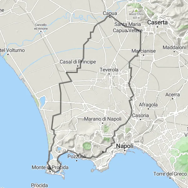 Map miniature of "Temples and Craters" cycling inspiration in Campania, Italy. Generated by Tarmacs.app cycling route planner