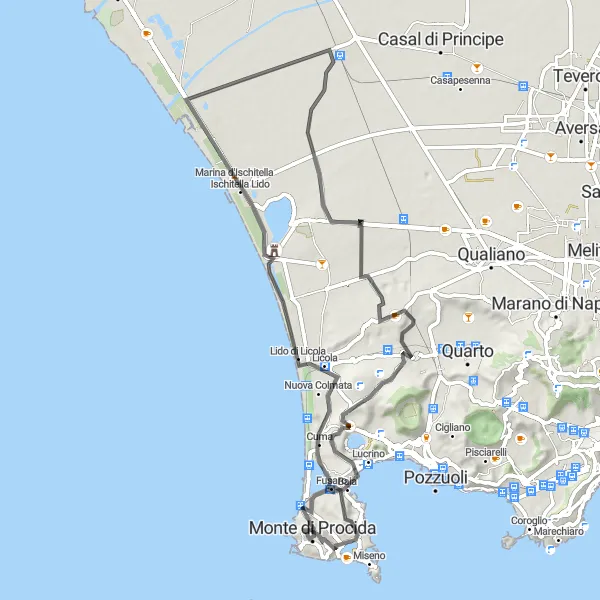Map miniature of "Coastal Ride to Cuma" cycling inspiration in Campania, Italy. Generated by Tarmacs.app cycling route planner