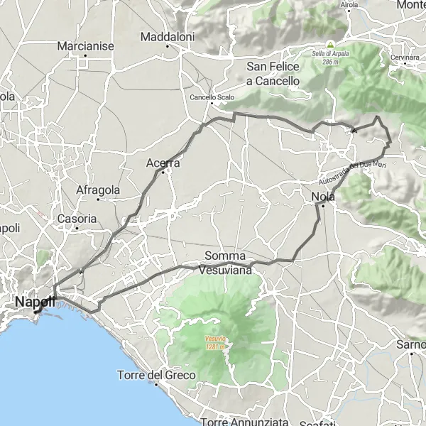 Map miniature of "Montecalvario to Castel Nuovo (Museo Civico) and back" cycling inspiration in Campania, Italy. Generated by Tarmacs.app cycling route planner