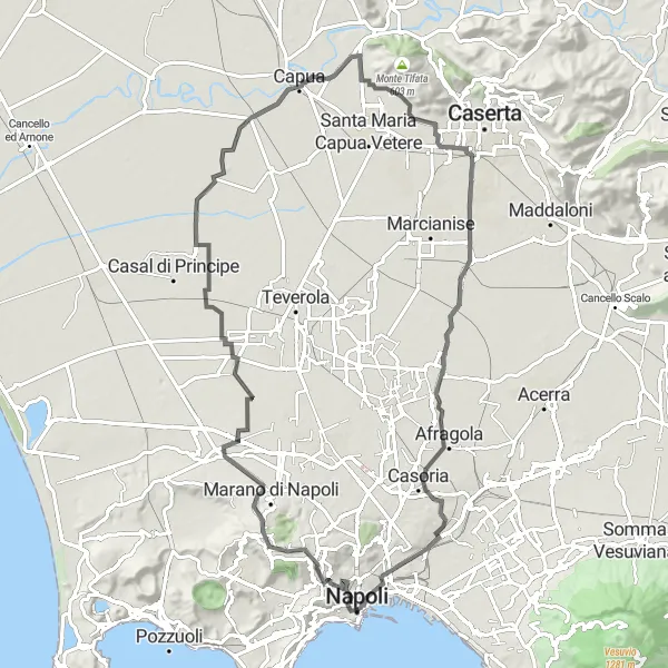 Miniatura della mappa di ispirazione al ciclismo "Scoperta della campagna campana in bicicletta" nella regione di Campania, Italy. Generata da Tarmacs.app, pianificatore di rotte ciclistiche