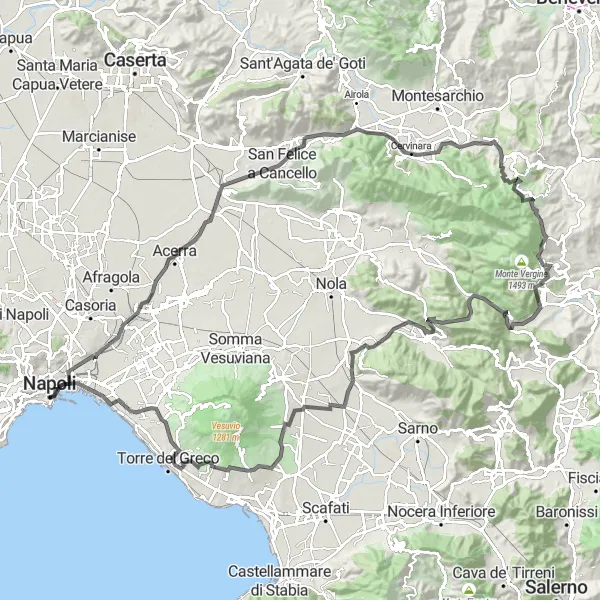 Map miniature of "Montecalvario to Cervinara and back" cycling inspiration in Campania, Italy. Generated by Tarmacs.app cycling route planner