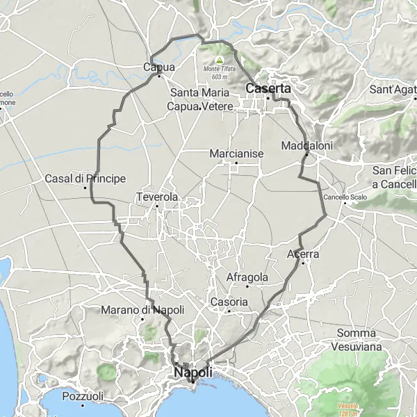 Map miniature of "Montecalvario to Arpino and back" cycling inspiration in Campania, Italy. Generated by Tarmacs.app cycling route planner