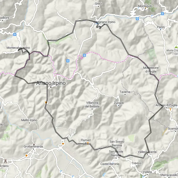 Miniatura della mappa di ispirazione al ciclismo "Pedalata emozionante da Montecalvo Irpino a Ariano Irpino" nella regione di Campania, Italy. Generata da Tarmacs.app, pianificatore di rotte ciclistiche