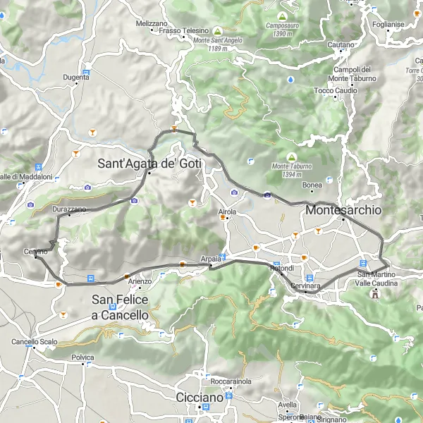 Miniatura della mappa di ispirazione al ciclismo "Giro in bicicletta da Montedecoro a Santa Maria a Vico" nella regione di Campania, Italy. Generata da Tarmacs.app, pianificatore di rotte ciclistiche