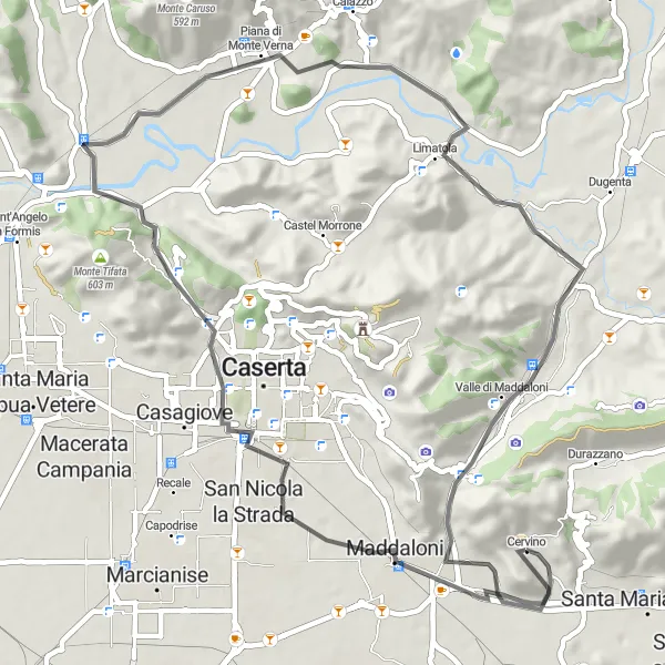 Miniatura della mappa di ispirazione al ciclismo "Giro panoramico tra Maddaloni e Monte Castello" nella regione di Campania, Italy. Generata da Tarmacs.app, pianificatore di rotte ciclistiche