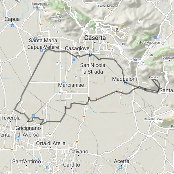 Miniatura della mappa di ispirazione al ciclismo "Tour in bicicletta tra Cervino e Maddaloni" nella regione di Campania, Italy. Generata da Tarmacs.app, pianificatore di rotte ciclistiche
