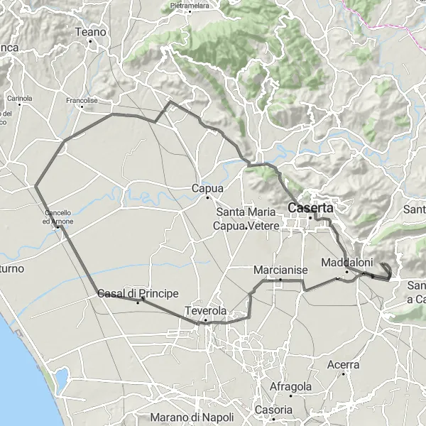 Map miniature of "Montedecoro to Maddaloni via Marcianise and Pignataro Maggiore" cycling inspiration in Campania, Italy. Generated by Tarmacs.app cycling route planner