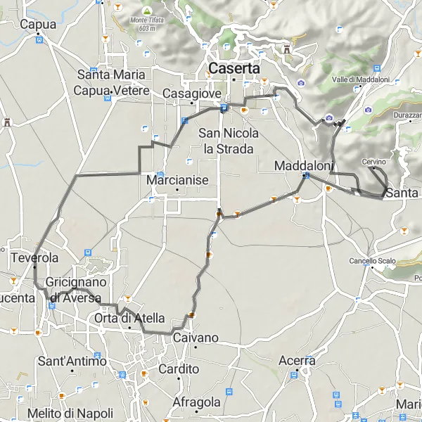 Miniatura della mappa di ispirazione al ciclismo "Giro in bicicletta da Montedecoro a Maddaloni" nella regione di Campania, Italy. Generata da Tarmacs.app, pianificatore di rotte ciclistiche