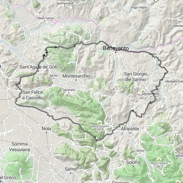Miniatura della mappa di ispirazione al ciclismo "Giro in bicicletta da Montedecoro a Cervino" nella regione di Campania, Italy. Generata da Tarmacs.app, pianificatore di rotte ciclistiche