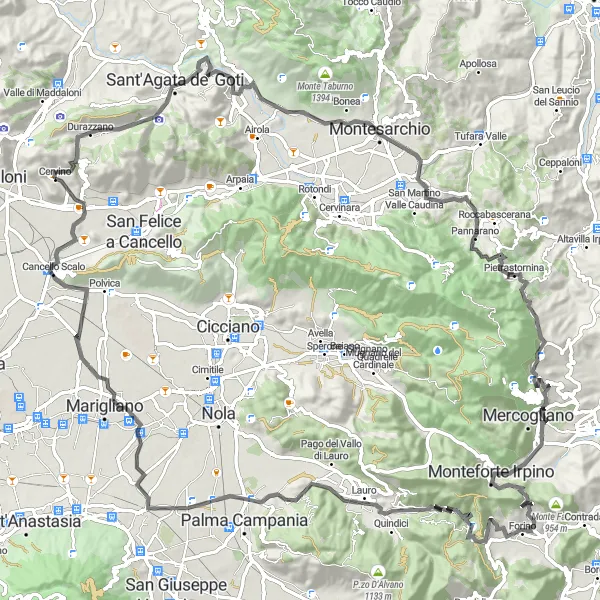 Miniatura della mappa di ispirazione al ciclismo "Sfida ciclistica tra Monte Longano e Cervino" nella regione di Campania, Italy. Generata da Tarmacs.app, pianificatore di rotte ciclistiche