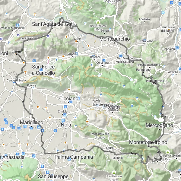 Map miniature of "Montedecoro Loop via Monte Longano" cycling inspiration in Campania, Italy. Generated by Tarmacs.app cycling route planner